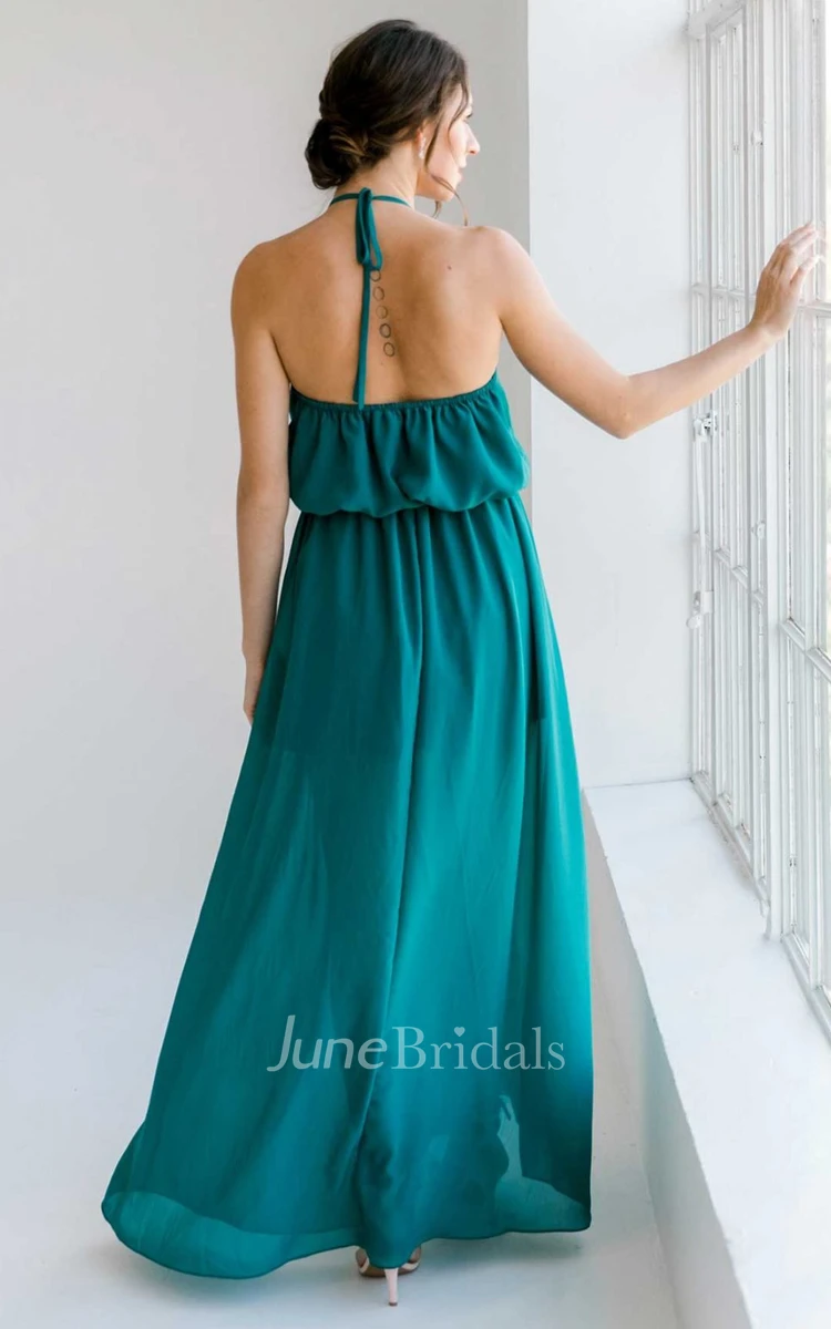 Casual Adorable A-Line Halter Neckline Chiffon Bridesmaid Dress With Open Back And Split Front