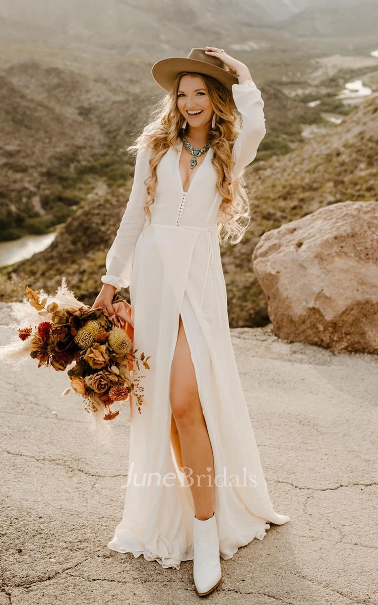 A-Line V-neck Chiffon Bohemian Wedding Dress With Long Sleeve And Button Back