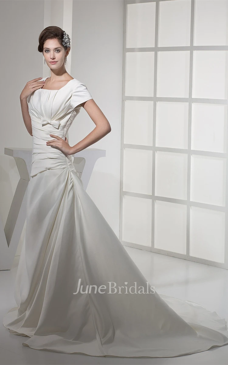 Square-Neck Caped-Sleeve A-Line Gown with Ruching and Bow