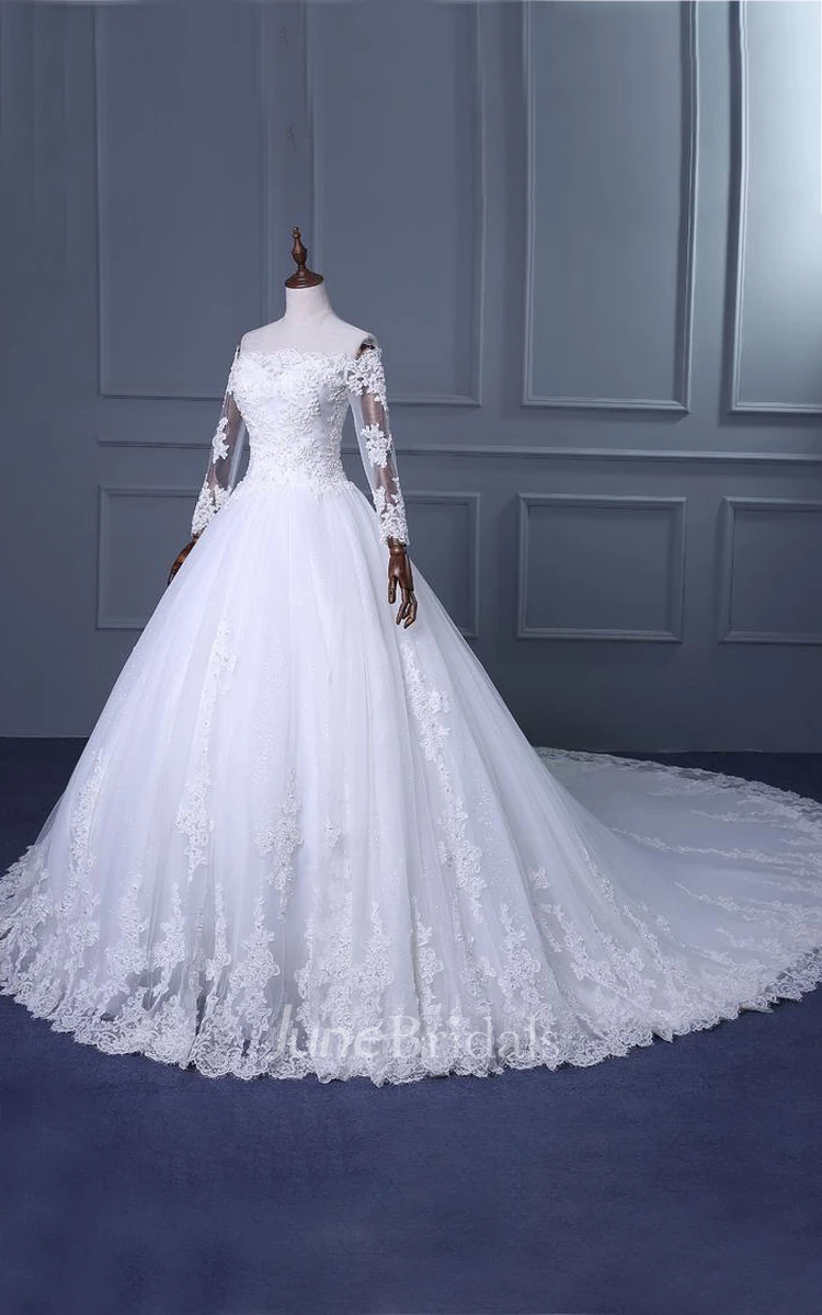 A-Line Ball Gown Tea-Length Off-The-Shoulder One-Shoulder Straps Long Sleeve Beading Appliques Brush Train Straps Tulle Lace Sequins Satin Dress
