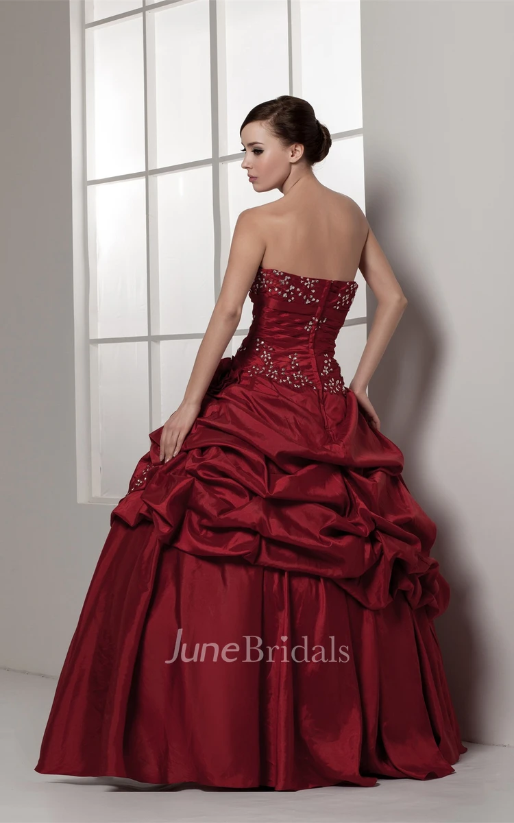 Strapless Pick-Up Ball Gown with Rhinestone and Flower