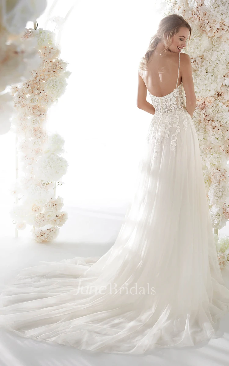 Tulle Open Back Ethereal Spaghetti Straps Bridal Gown With Lace Appliques And Ruching