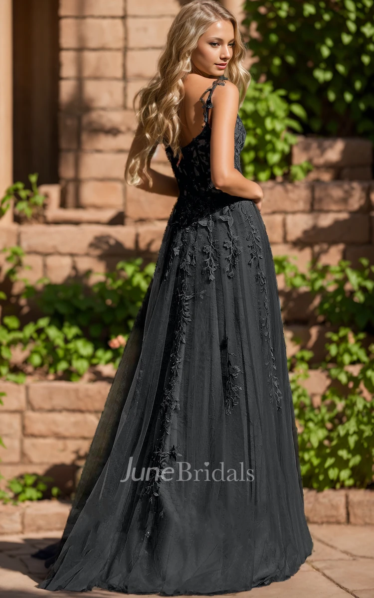 Floral Gothic Black Lace A-Line Straps Beaded Floor Wedding Dress Elegant Sexy Sweetheart Party Gown with Appliques