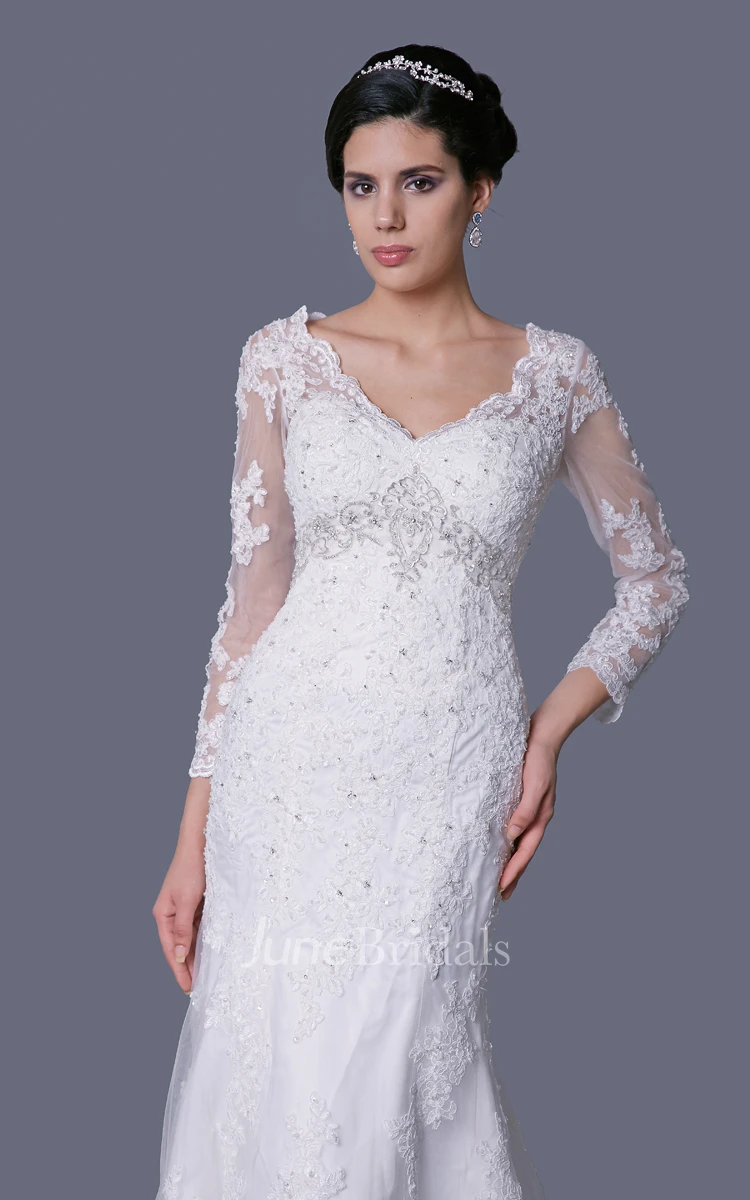 V-Neck Long Sleeve Lace Gown With Beadings and Crystal Brooch