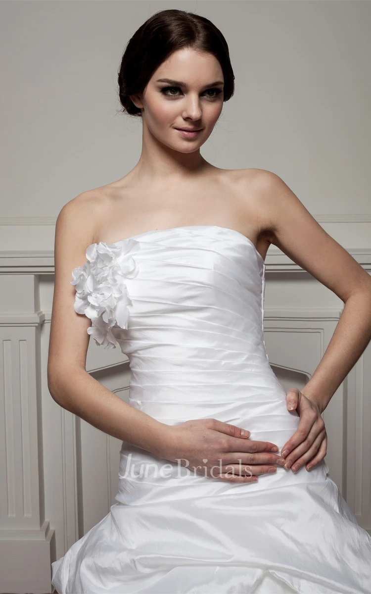Strapless Ruched Pick-Up Gown with Flower and Ruched Bodice