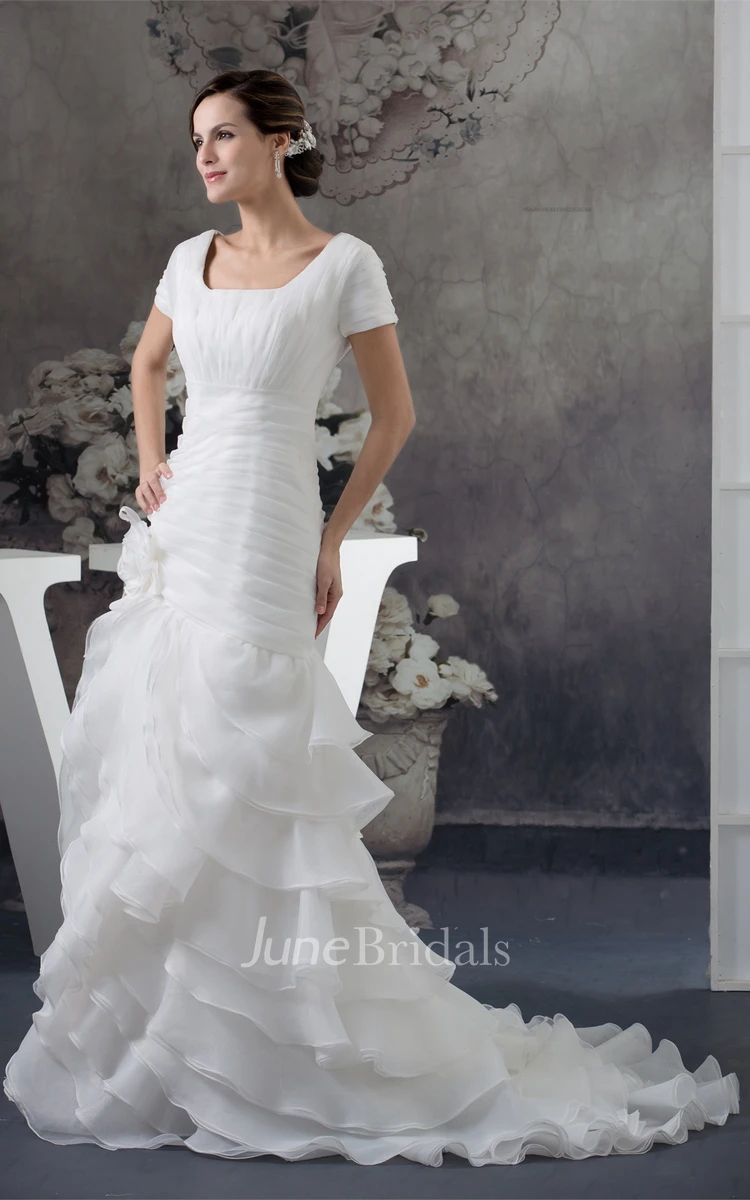 Square-Neck Short-Sleeve Ruched Gown with Flower and Tiers