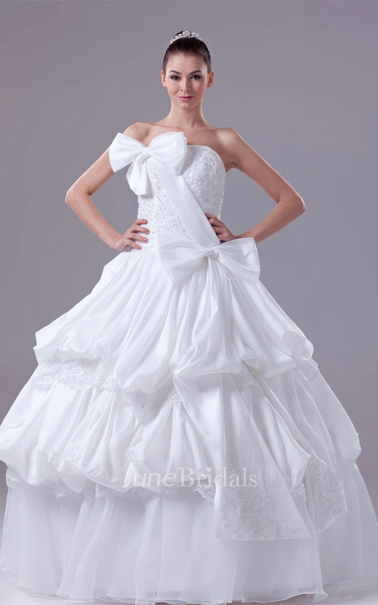 Strapless Pick-Up Tiered Ball Gown with Appliques and Bow