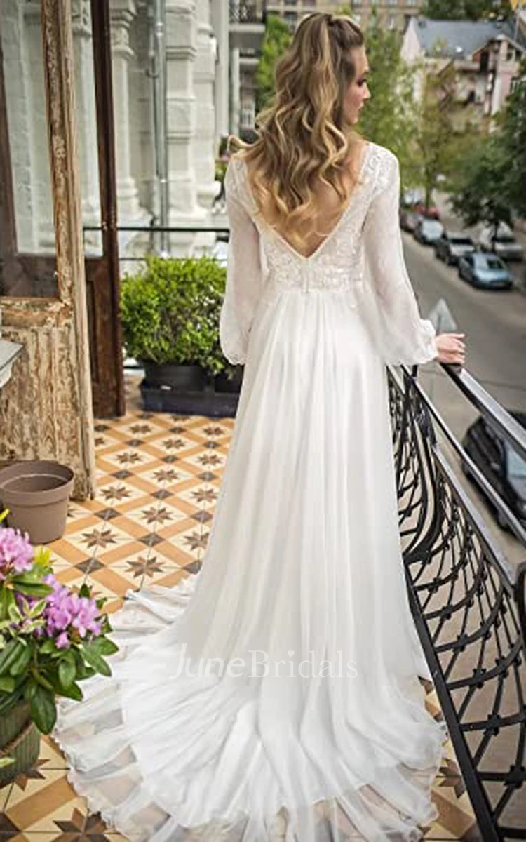 A-Line Bateau Neckline Chiffon Wedding Dress Casual Romantic Sexy Adorable Garden With Open Back And Poet Long Sleeves 