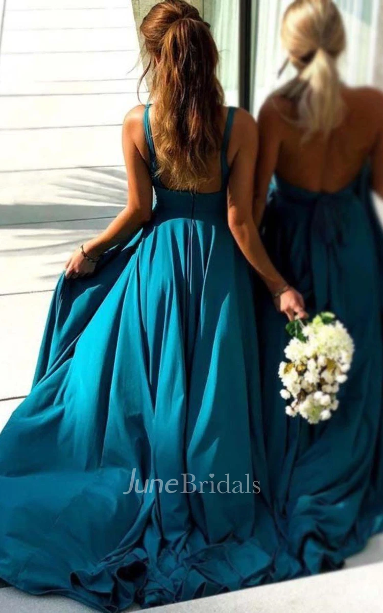 Front Split Plunging V-neck Sleeveless Empire Bridesmaid Dress With Pleats