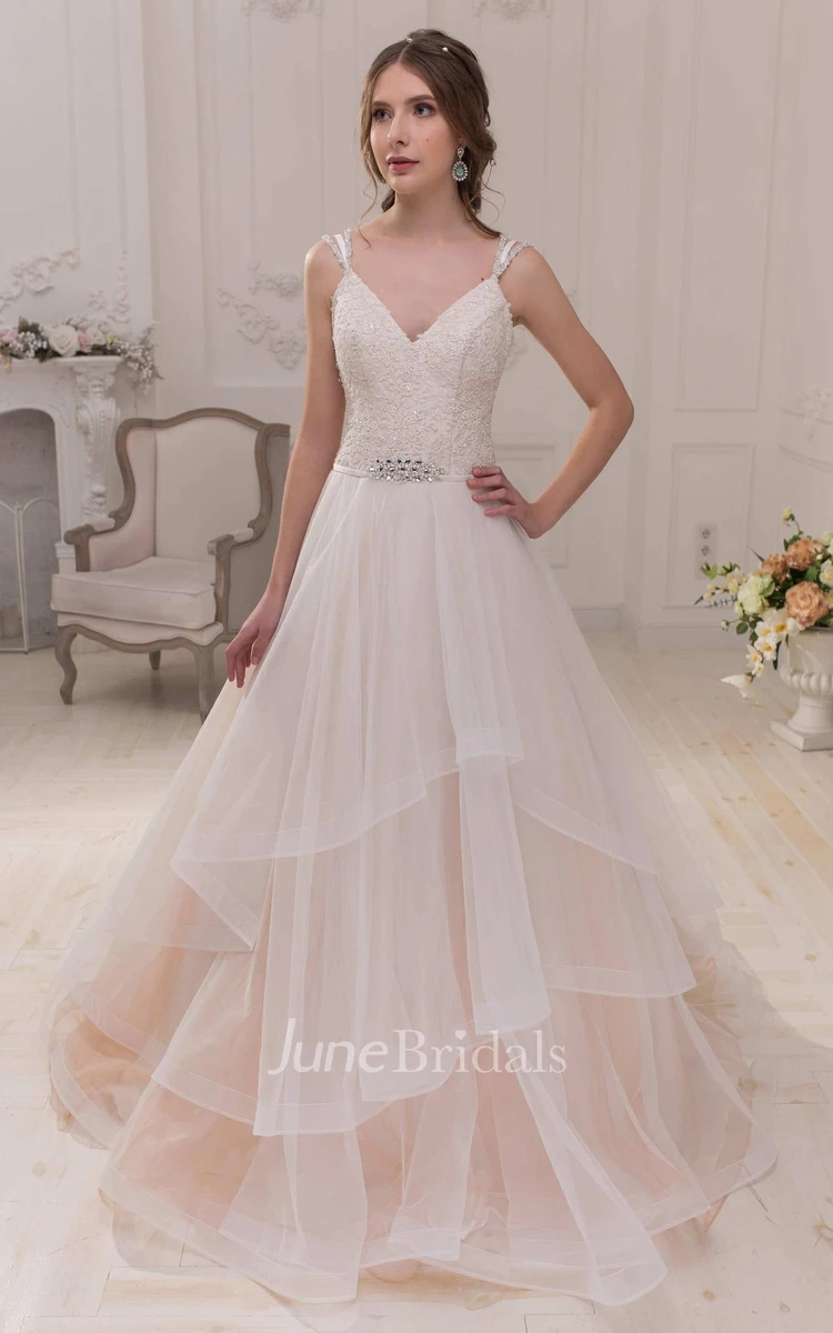 Strapped A-Line Tulle Tiered Wedding Dress With Beading And Sweep Train