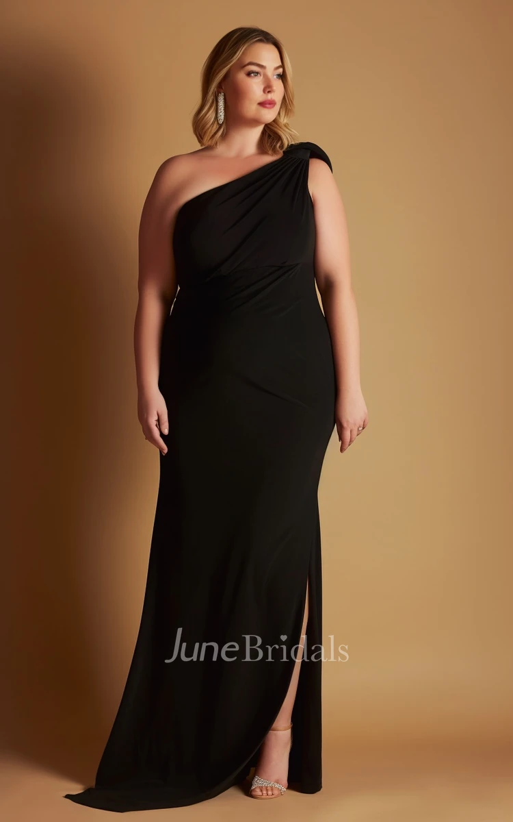 Sheath Chiffon One-shoulder 2023 Plus Size Bridesmaid Dress Sleeveless with Split Front Simple Sexy Ethereal