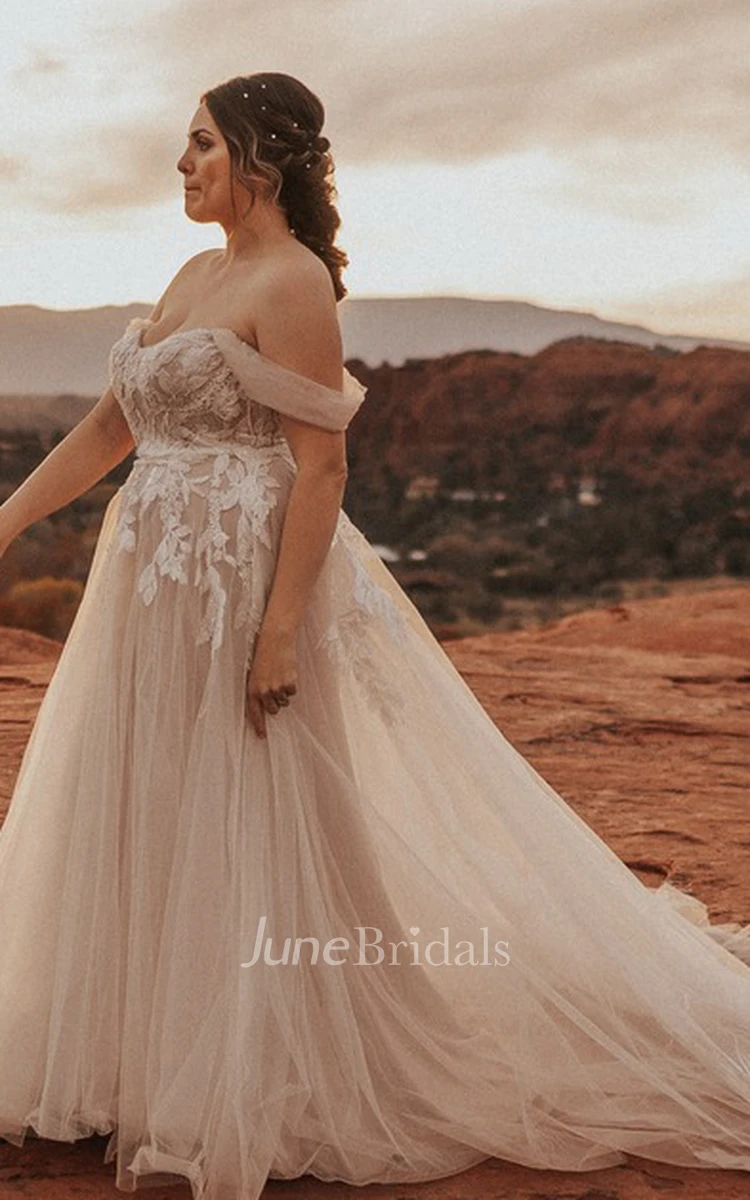 Simple A Line Off-the-shoulder Tulle Sleeveless Wedding Dress with Train Sexy Elegant Romantic Country Garden