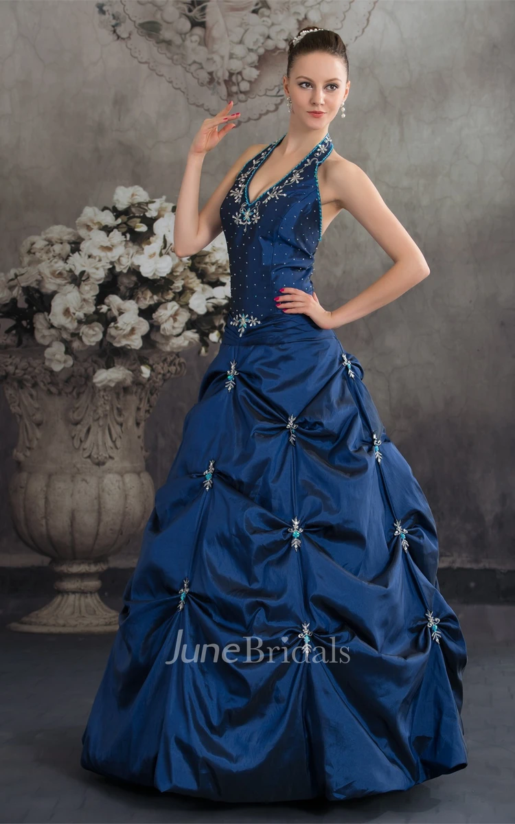 Plunged Pick-Up Ball Gown with Buckle and Crystal Detailing