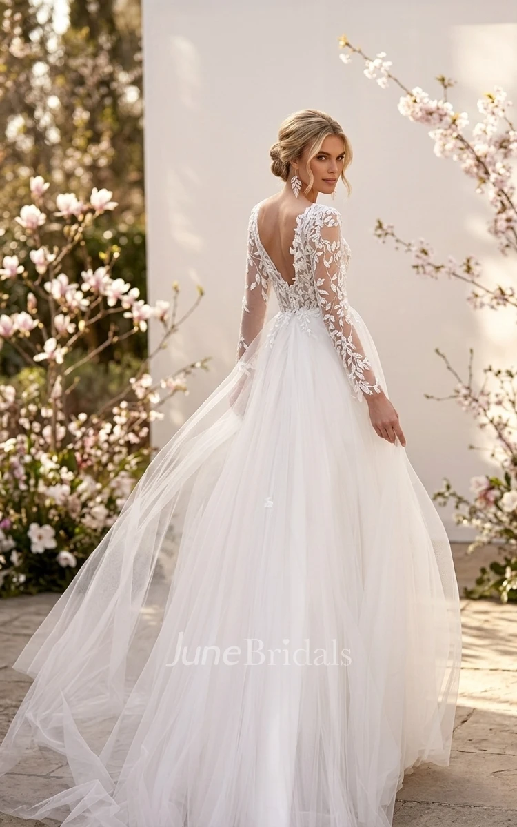 Princess Floral A-Line Bohemian Long Sleeve Maxi Spring Wedding Dress Elopement Sexy V-Neck Low Back Sweep Train Beach Castle Bridal Gown
