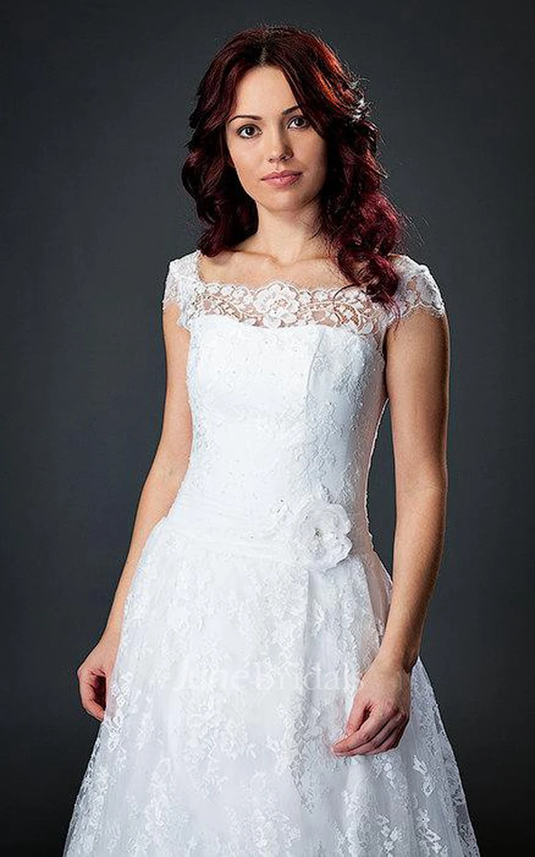 A-Line Cap Sleeve Lace Weddig Dress With Illusion