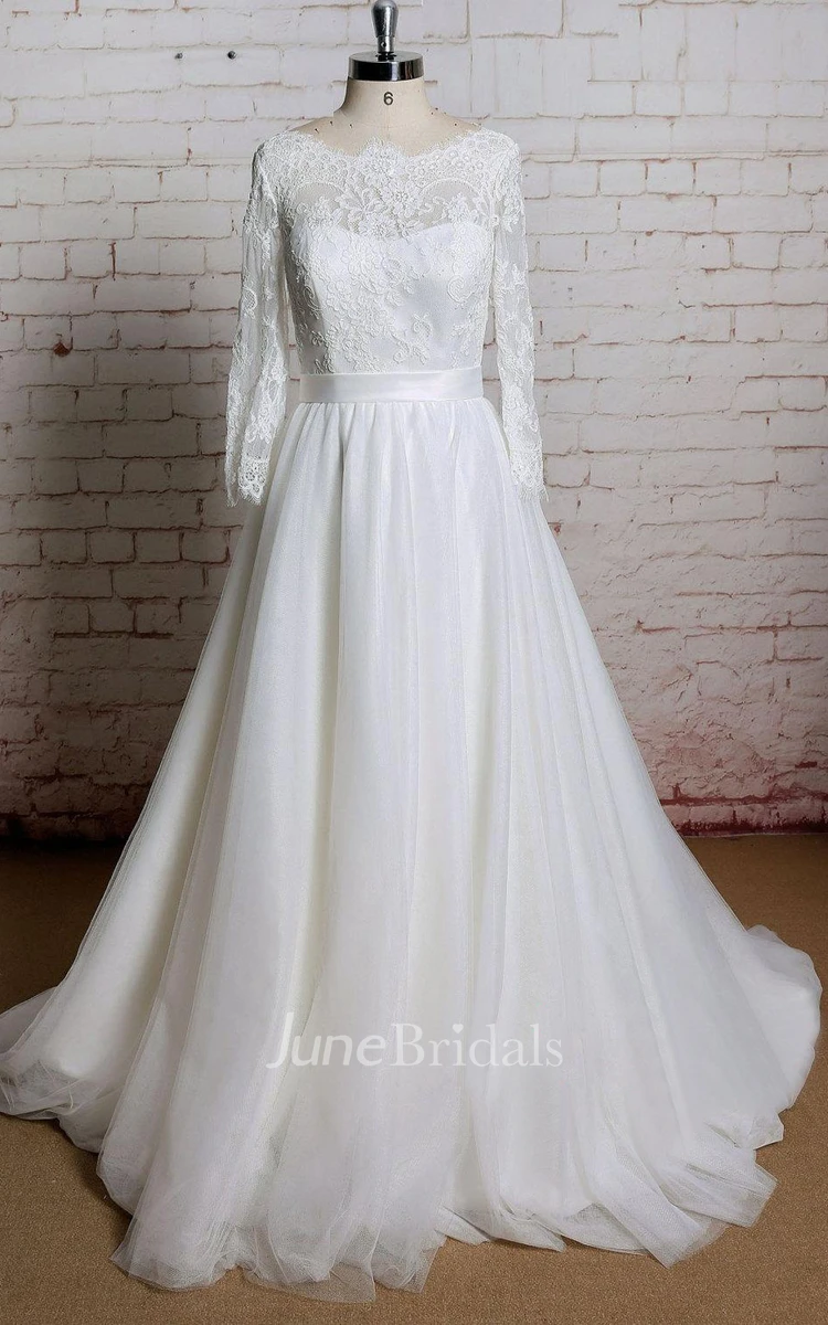 Bateau Neck Long Sheer Sleeve Wedding Dress With Simple Tulle Skirt