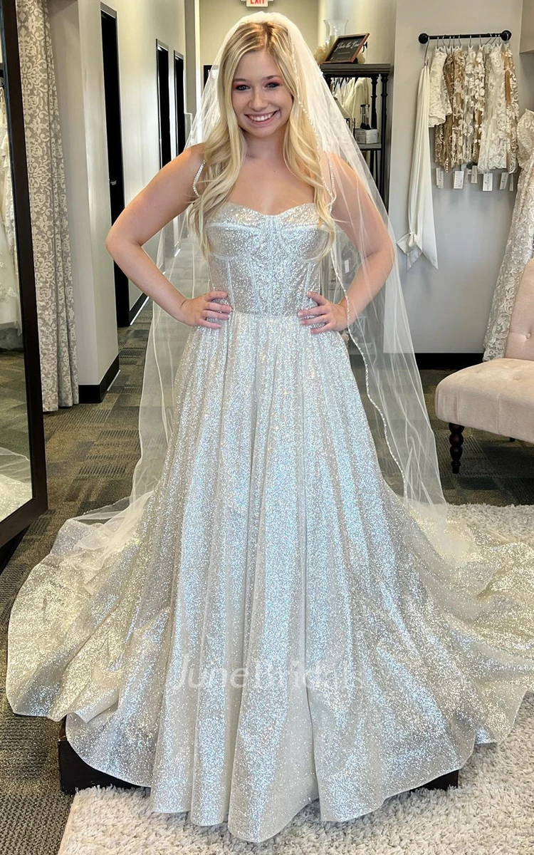 Gorgeous A-Line Sequins Sweetheart Court Train Wedding Dress