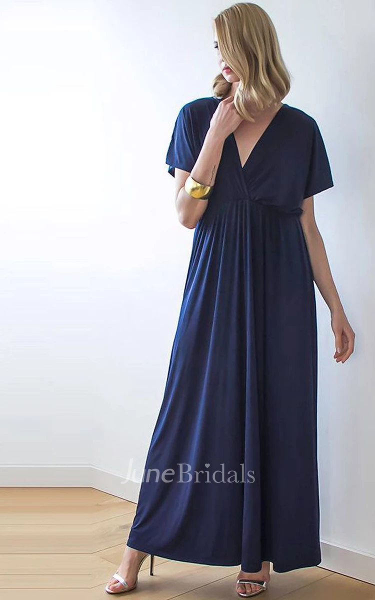 Draped A-line V-neck Gown With Sleeves