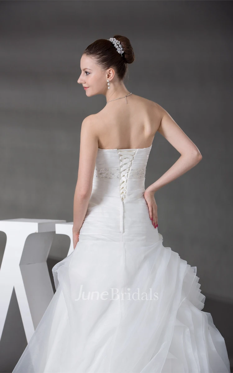 Strapless Ruched A-Line Gown with Flower and Gemmed Waist