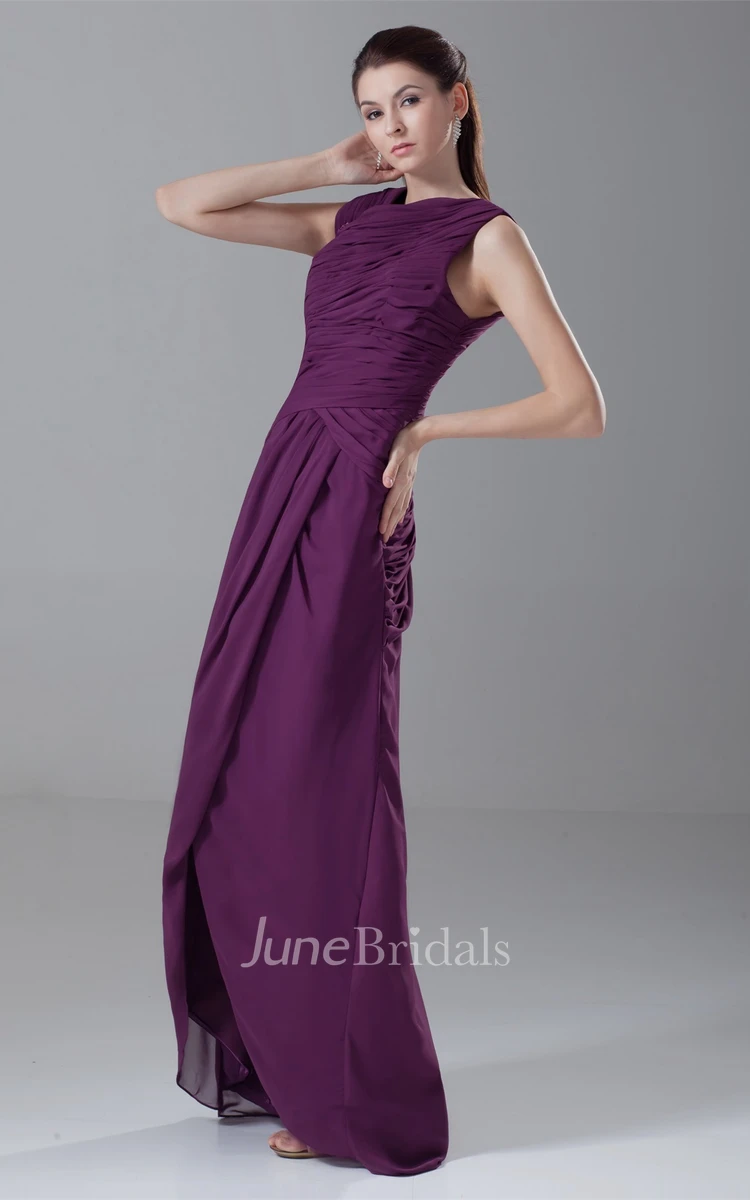 Sleeveless Chiffon Front-Split Dress with Ruching and Beading