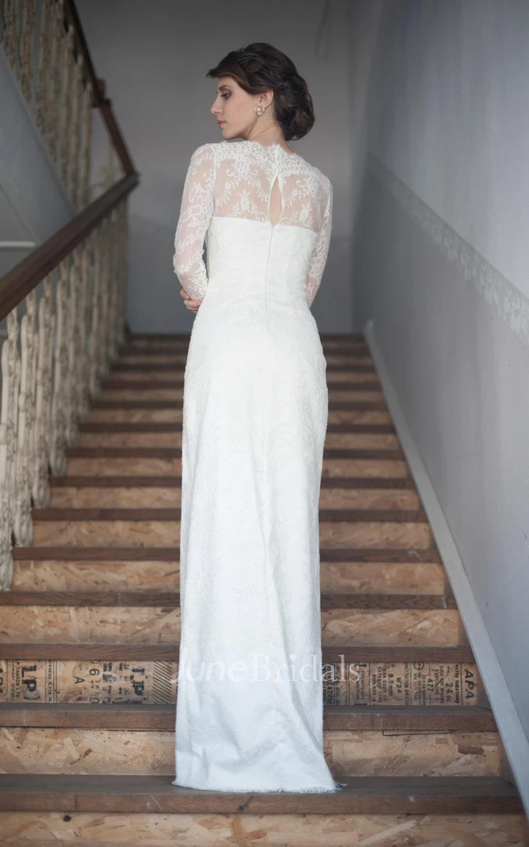 Gorgeous High-Neck Long Illusion Sleeve Sheath Bridal Gown With Split Side