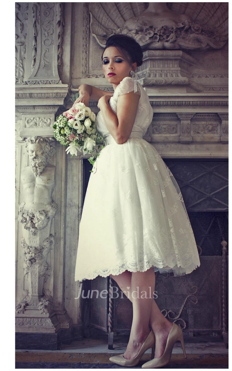Jewel Empire Knee-Length Lace Wedding Dress With Ruching And Cap Sleeve