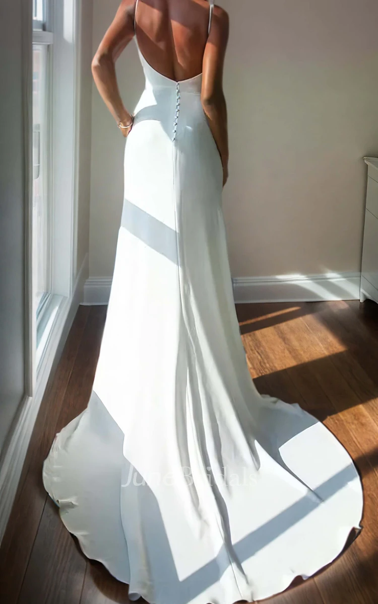 Spaghetti Straps Simple Sexy Solid Ruched Mermaid Beach Floor-length Sleeveless Wedding Dress with Button Zipper Deep-V Back Split Front
