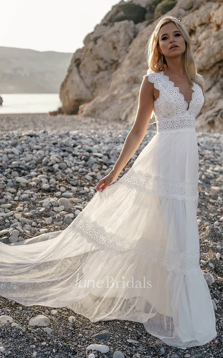 Tulle V Neck Ruffles Sweep Train Long Wedding Dress Tulle V Neck Ruffles Sweep Train Long Wedding Dress