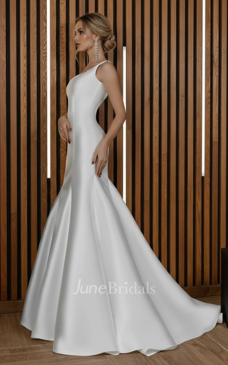 Minimalist Elegant Mermaid Square Neck Spring Wedding Dress Modest Simple Wide Strap Floor Length Sweep Train Fit and Flare Bridal Gown