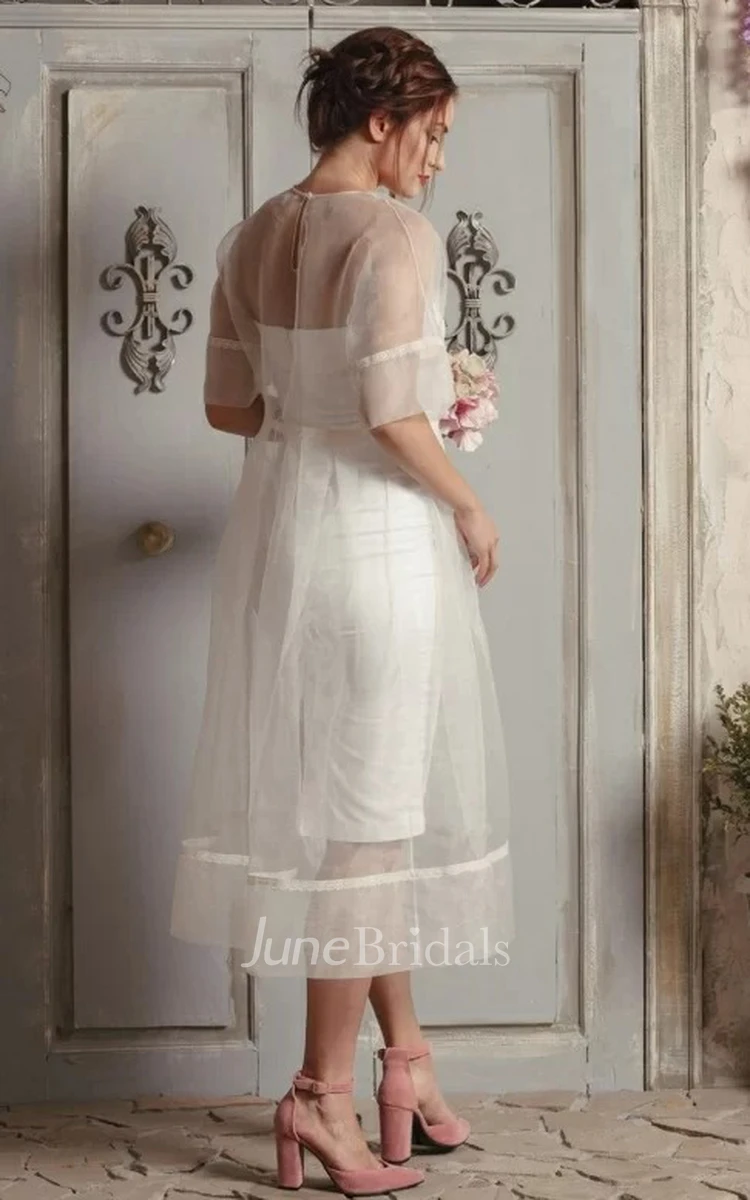 Modern Tea-length Half Sleeve Organza A Line Button Wedding Dress