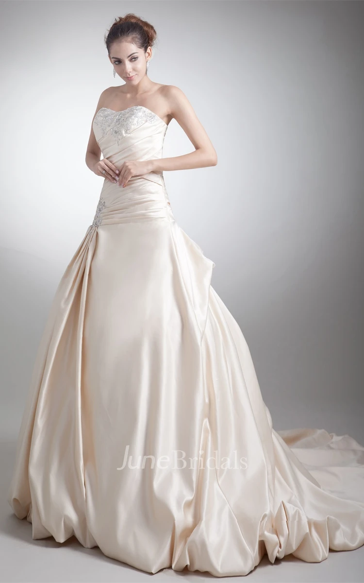 strapless ball jeweled gown with court train and ruched bodice