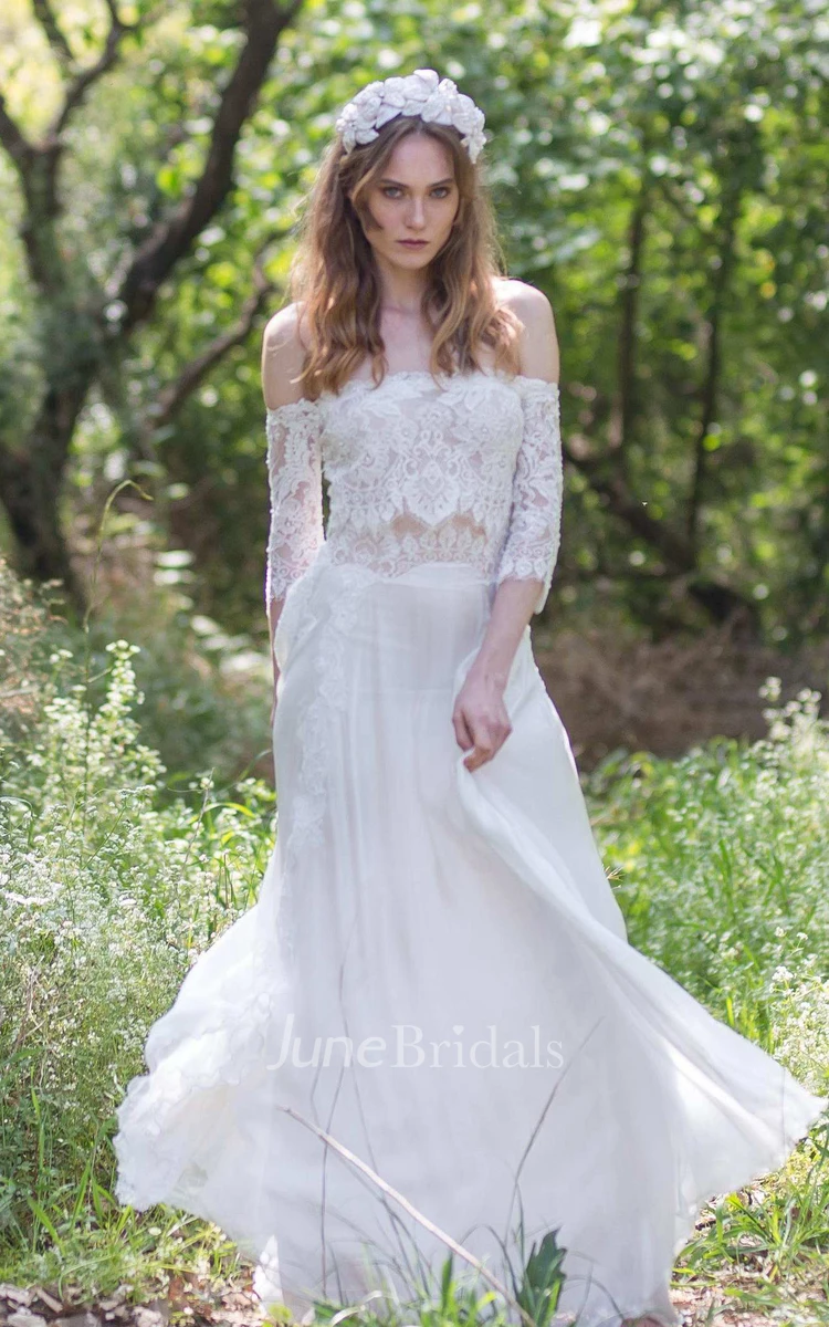 Off-the-shoulder Lace Chiffon Boho Wedding Dress and Beautiful Slightly Curled Feather White Gypsophila Hair Accessories