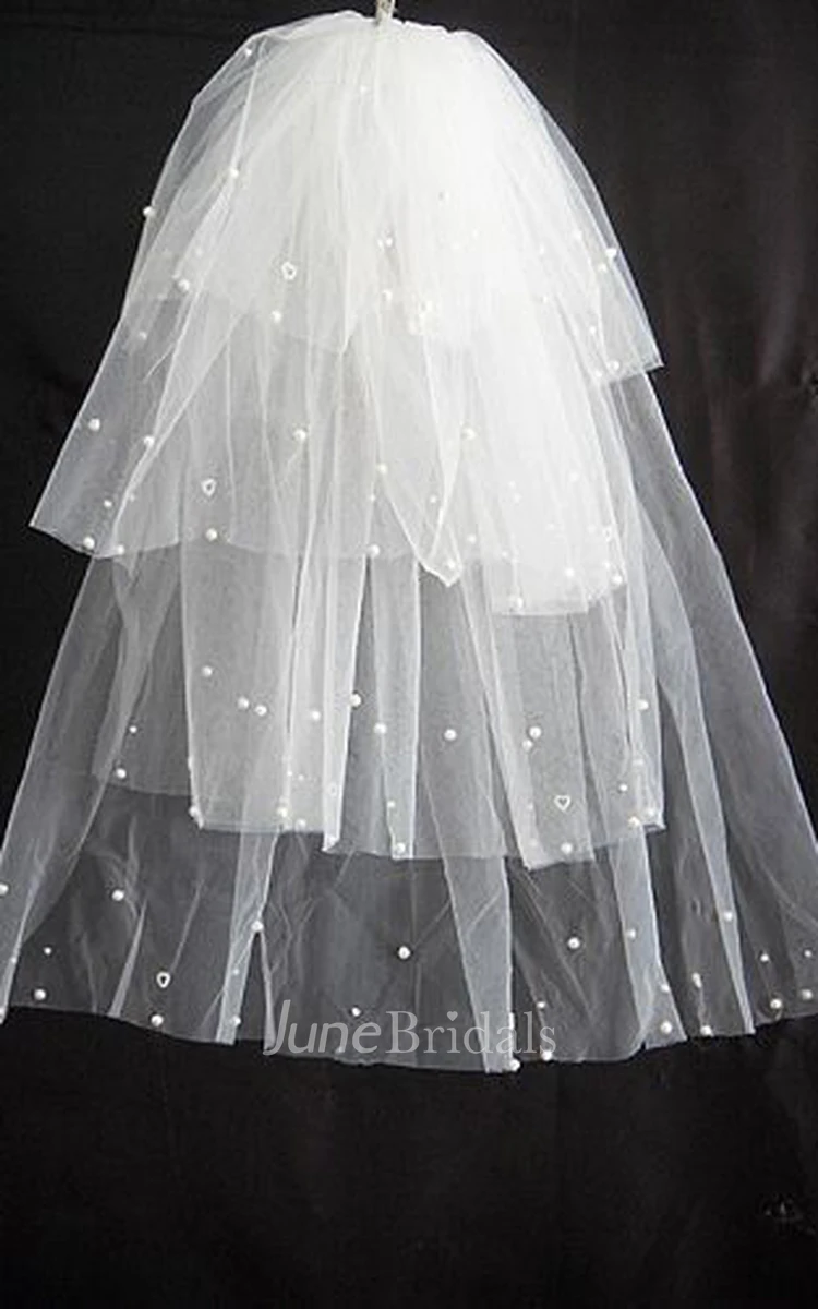 Multi-Layered Puffy Elbow Wedding Veil with Pearl Beading