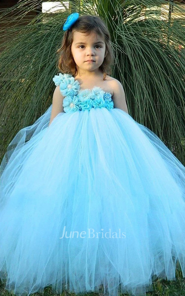 One Shoulder Pleated Tulle Dress With Beading Flower and Ruffles