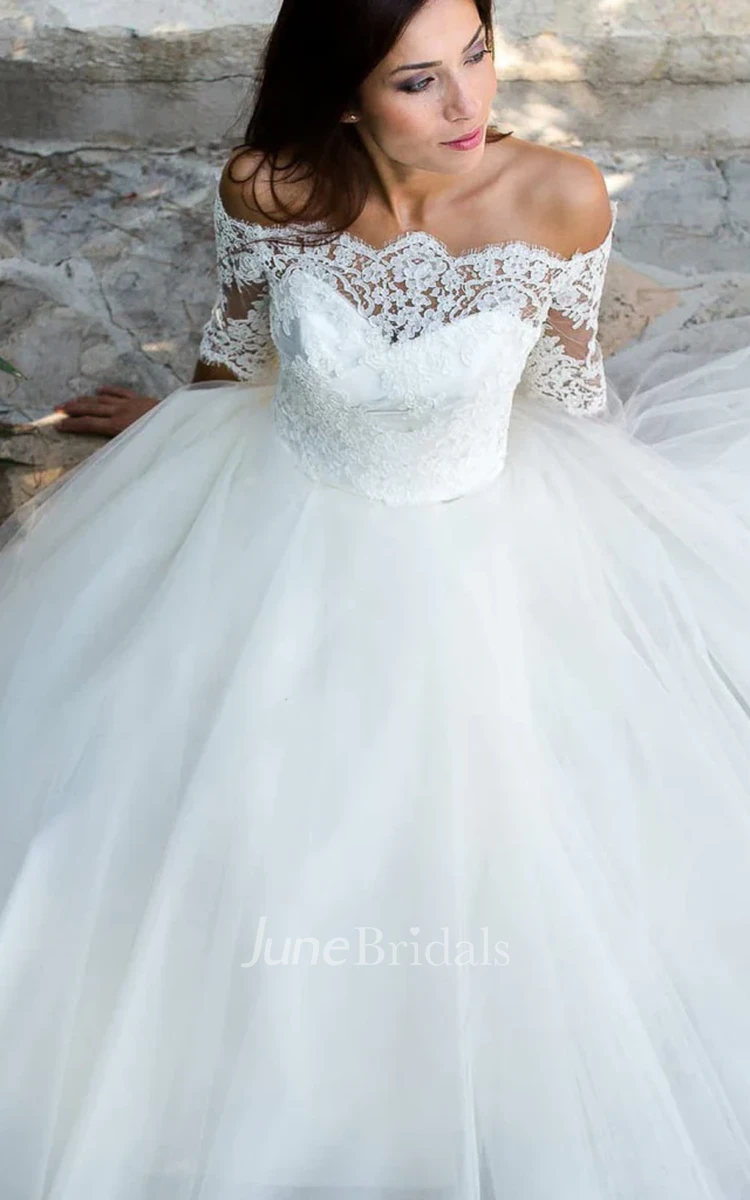 Vintage Boho A Line Off-Shoulder Lace Wedding Dress Romantic Half Sleeves Ankle Length Tulle Bridal Gown