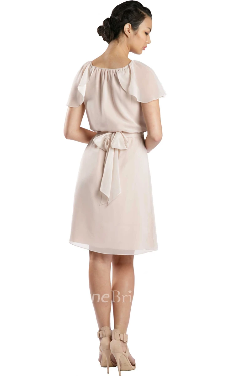 Knee-Length Bowed Short Sleeve Off-The-Shoulder Chiffon Muti-Color Convertible Bridesmaid Dress