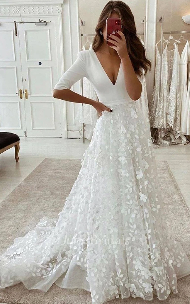 Satin V-neck Floor-length A-line Wedding Dresses With Lace Satin V-neck Floor-length A-line Wedding Dresses With Lace