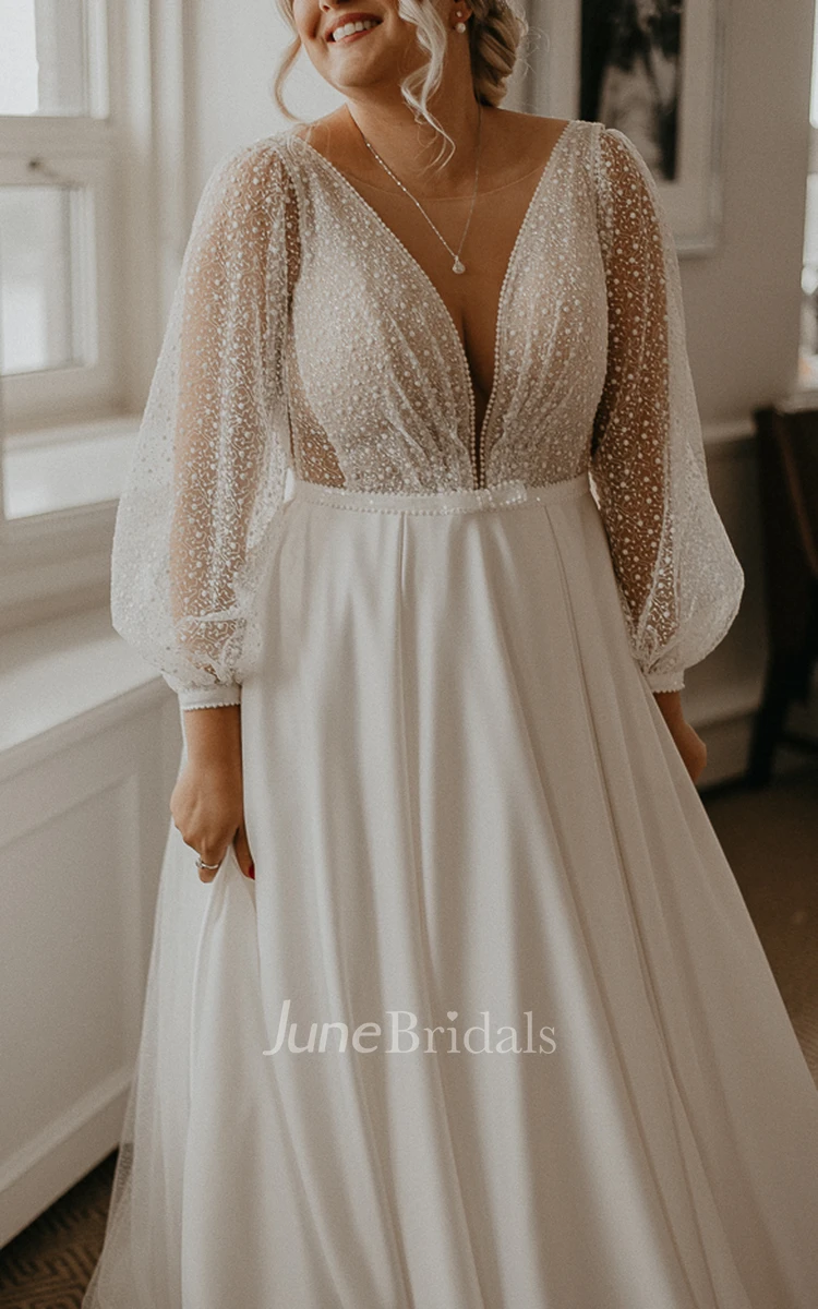 Sexy Elegant Plus Size Women's Long Sleeve A-Line Boho Lace Ivory Wedding Dress Modern Fairy Tale Deep V-Neck Floor Length Satin Bridal Gown with Sweep Train