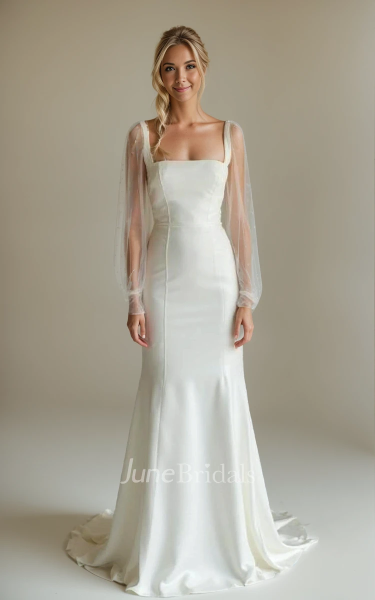 Modern Minimalist Mermaid Satin Long Sleeve Wedding Dress Square Neck Open Back Bridal Gown