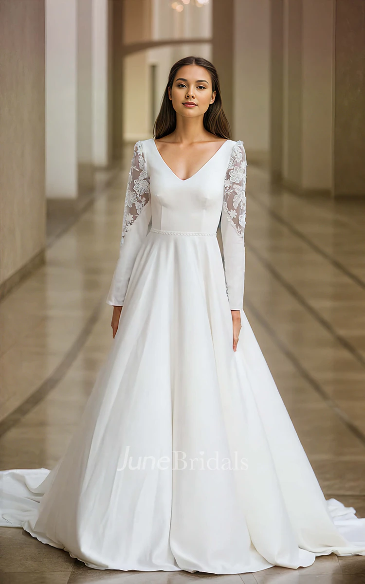 Elegant Solid Appliques A-Line V-neck Satin Wedding Dress Ethereal Sexy Flowers Long Sleeve Floor-length with Train Zipper V Back Bridal Gown