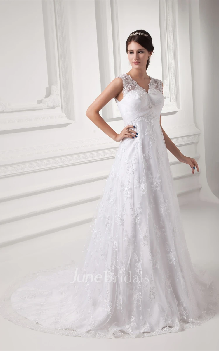 caped-sleeve lace a-line sleeveless gown with low-v back