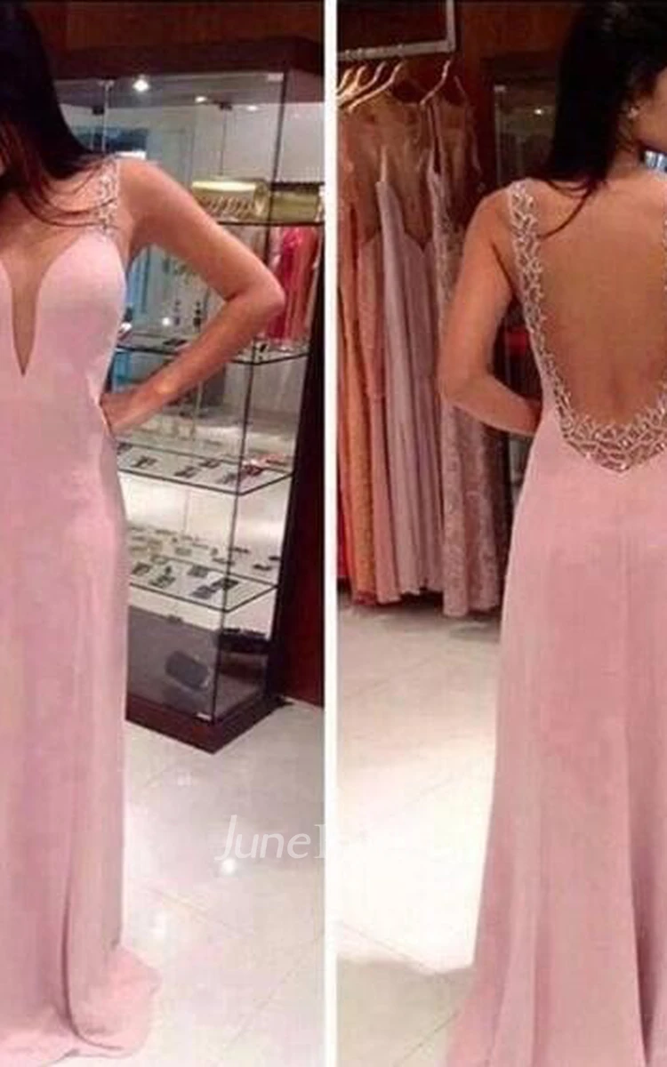 Prom Dresses Deep V Neck Straps Pink Sheer Back Beading Sweep Train Evening Giowns