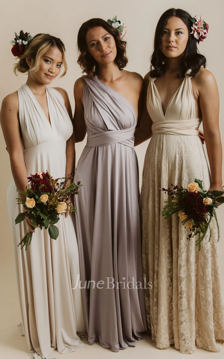 Casual Romantic A-Line Convertible Straps Jersey Bridesmaid Dress With Tied Back And Sash