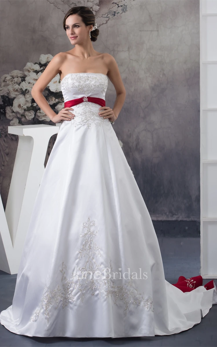A-Line Satin Ball Gown with Embroideries and Broach