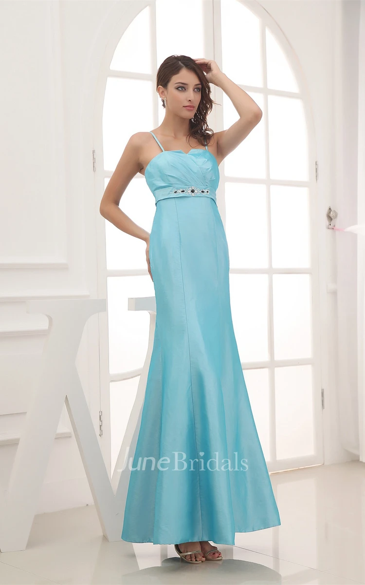 Spaghetti-Straps Notched Ankle-Length Dress with Beaded Waist