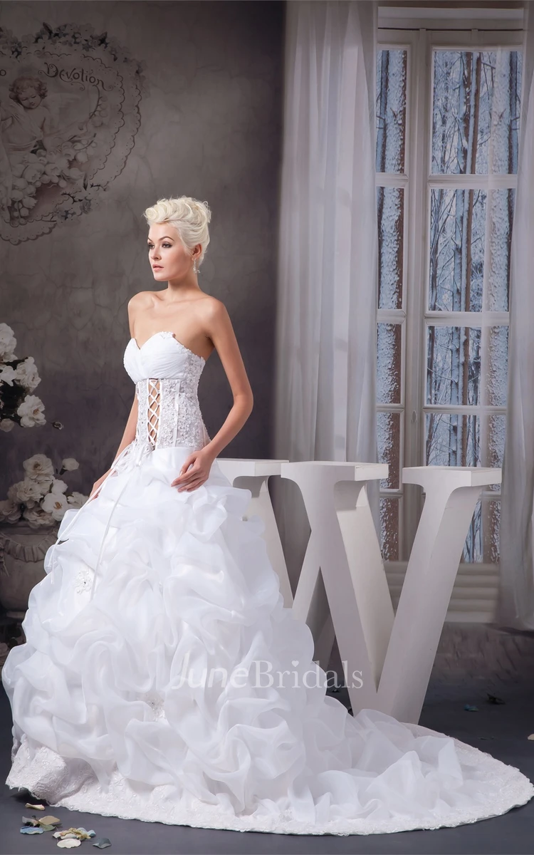 Sweetheart Criss-Cross Ruffled Gown with Beading and Appliques