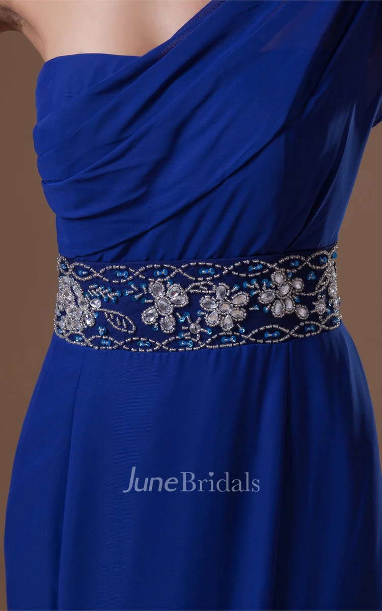 one-shoulder sheath chiffon dress with epaulet and jeweled waist