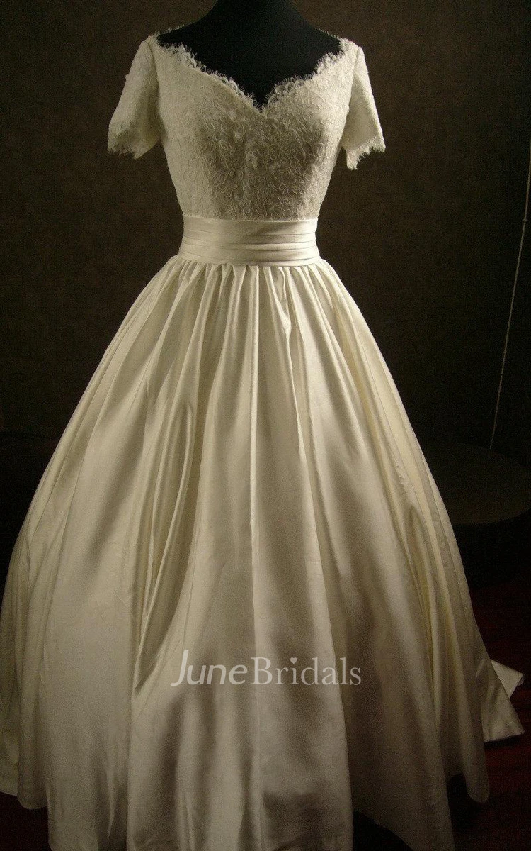Hand Made V-Neck Satin Ball Gown With Gathered Skirt and Lace Bodice