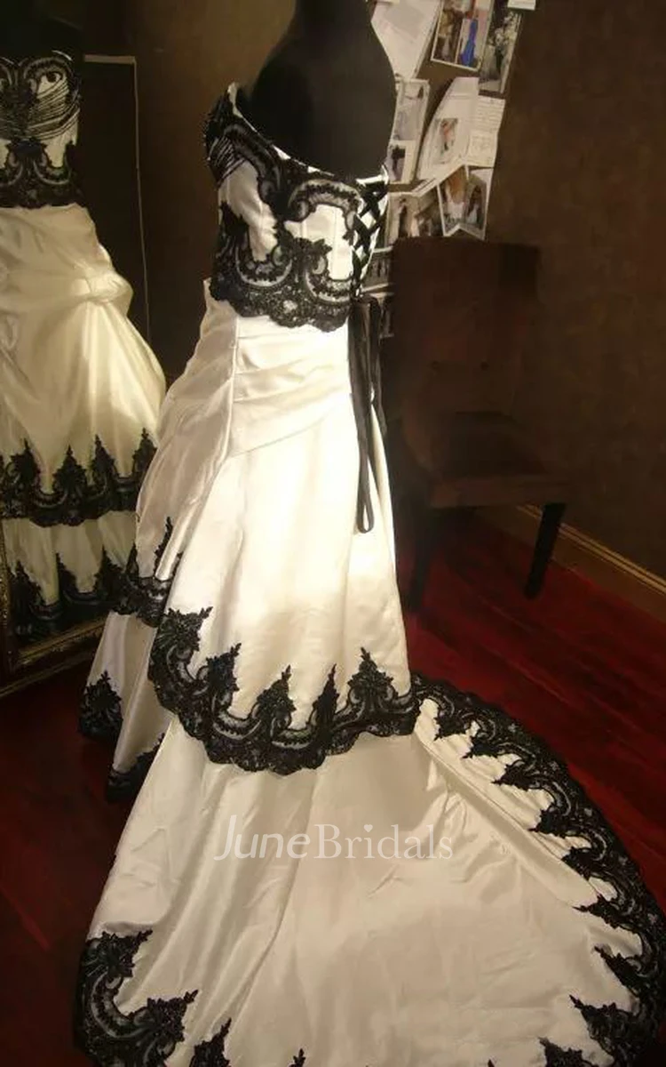A-Line Straps Taffeta Lace Floor-length Chapel Train Sleeveless Wedding Dress with Corset Back