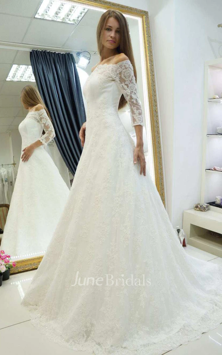 Off-The-Shoulder Long Sleeve Satin Beaded Lace Wedding Dress